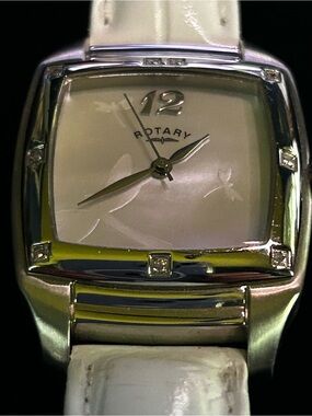 Rotary Rocks Diamond-Set Quartz Watch with White Leather Strap